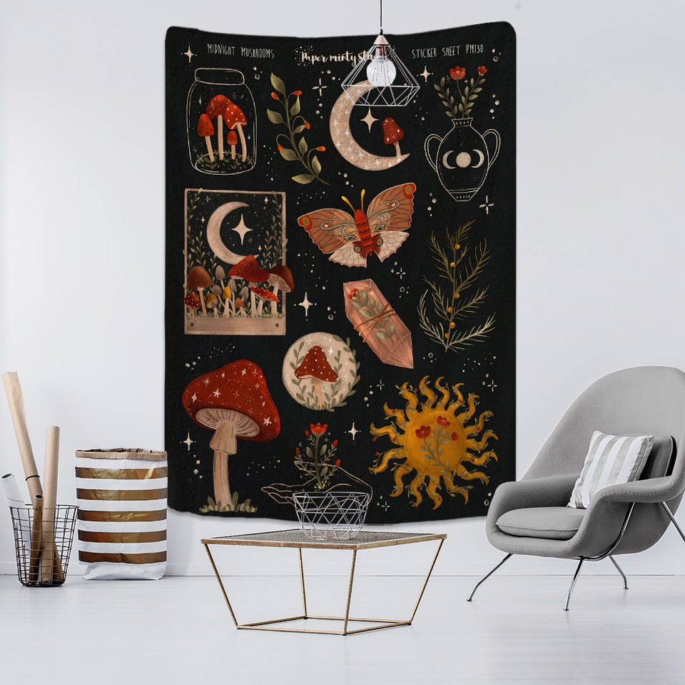 Plant Cactus Tapestry Wall Hanging Psychedelic Witchcraft Moon Starry Sky Mushroom Illustration Hippie Boho Style Home Decor - KiwisLove
