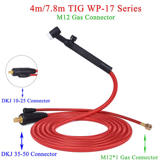 4M/13ft 7.8M/25.6ft WP17F 17FV TIG Welding Torch Soft Hose Cable Wires M12*1mm Gas Connector DKJ 10-25 35-50 Power Connector - KiwisLove