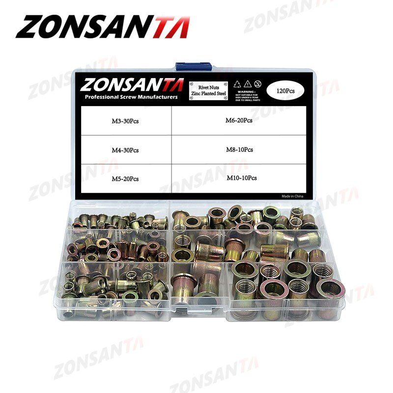 ZONSANTA120pcs set Mixed 304 stainless steel Rivet Nut M3 M4 M5 M6 M8 M10 Nut Carbon Steel Flat Head Threaded Insert Nut Kit - KiwisLove