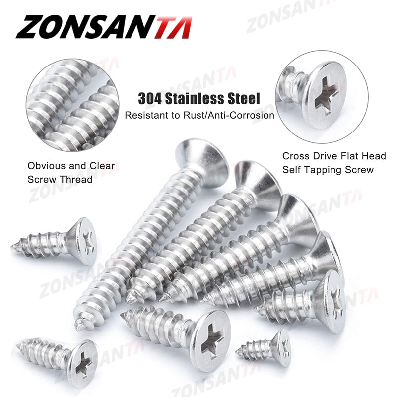 ZONSANTA M2 M3 M4 Self-Tapping Screw 304 Stainless Steel Phillips Flat Head Wood Screws Assortative Kit Fitment Tool accessories - KiwisLove