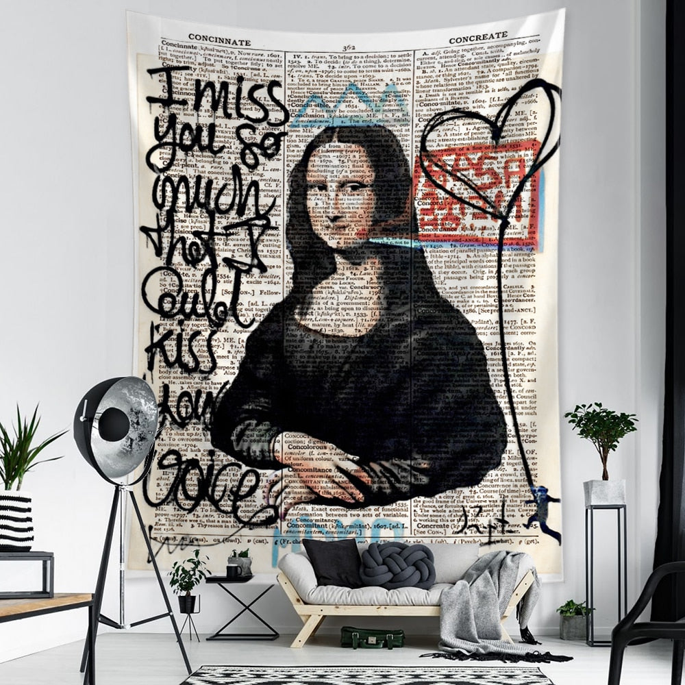 Mona Lisa Graffiti Tapestry Wall Hanging Boho Style Psychedelic Witchcraft Hippie Tapiz Bedroom Art Home Decor - KiwisLove
