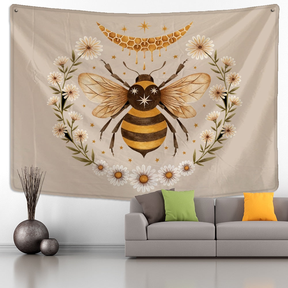 Bee Floral Tapestry Wall Hanging Daisy Bohemian Hippie Witchcraft Plant Bedroom Ins Style Dormitory Home Decor - KiwisLove