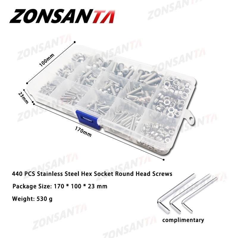 ZONSANTA 440pcs Bolts and Nuts Set M3 M4 M5 Stainless Steel Hex Socket Button Head Cap Screws Bolts Nuts Assortment Kit Screw - KiwisLove