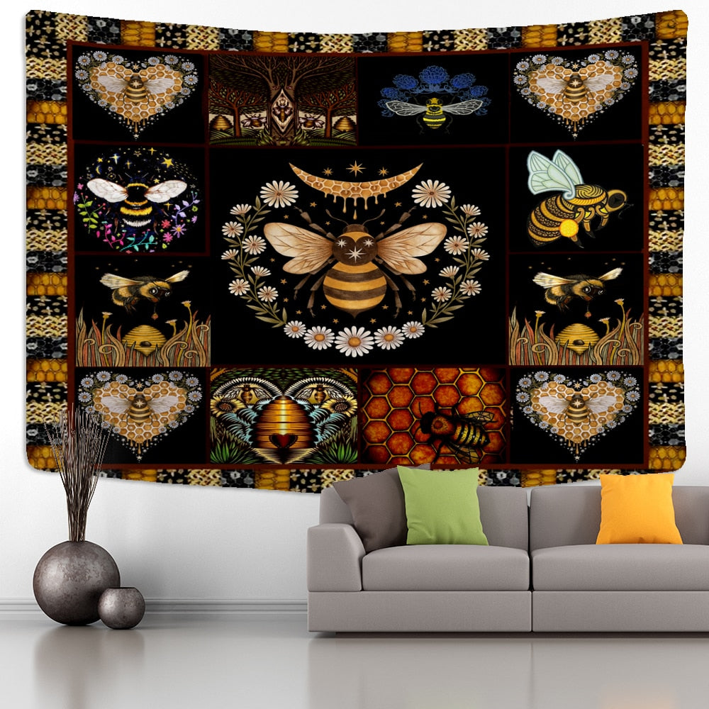 Bee Floral Tapestry Wall Hanging Daisy Bohemian Hippie Witchcraft Plant Bedroom Ins Style Dormitory Home Decor - KiwisLove