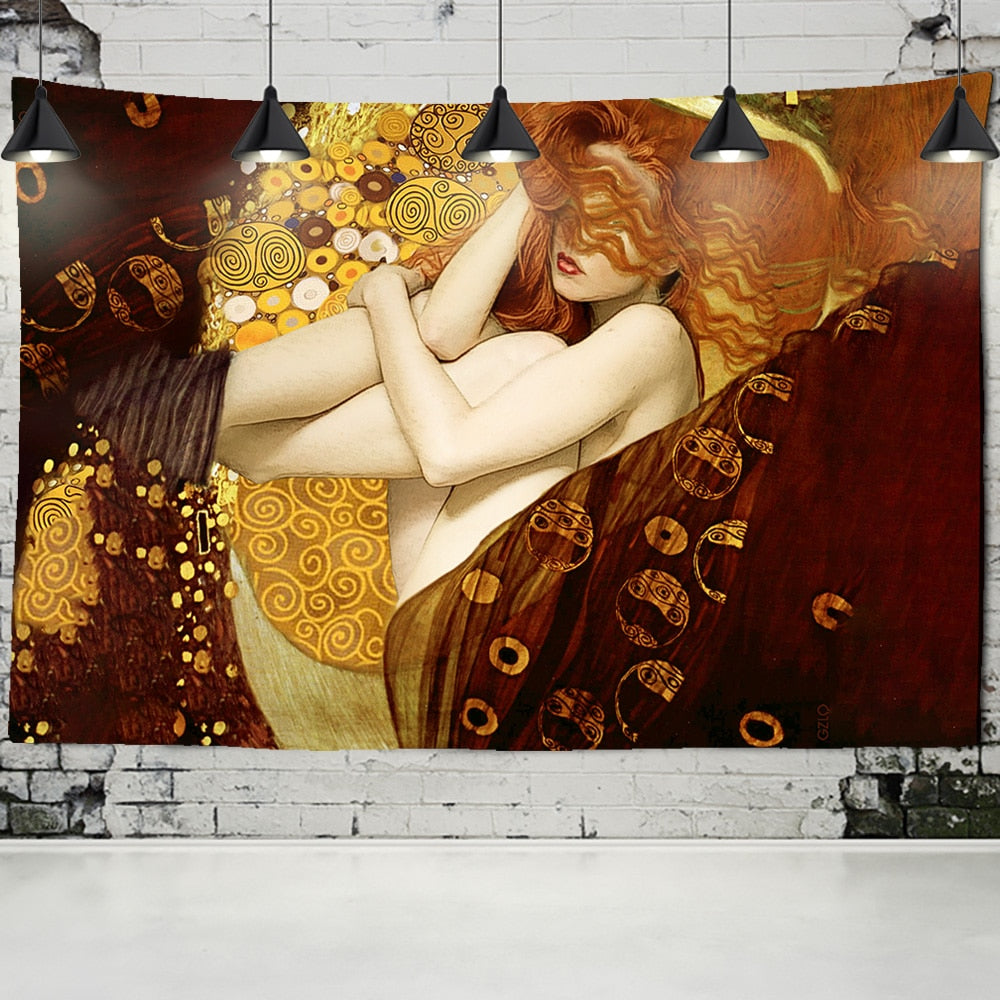 Gustav Klimt  Tapestry Wall Hanging Kiss Of Gold Abstract Art Decoration Polyester Blanket Yoga Mat Home Bedroom Art - KiwisLove
