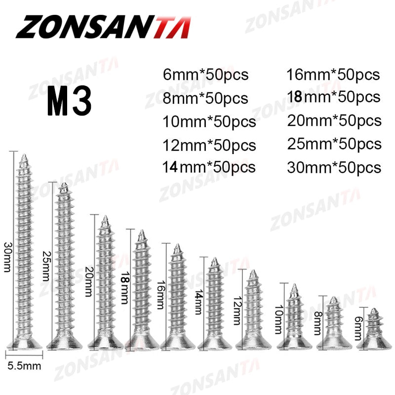 ZONSANTA 500Pcs M3 Tapping Cross Flat Head Self Screw  Assortment Kit Wood Thread Nail Screw Sets Countersunk Head Fiber Screws - KiwisLove