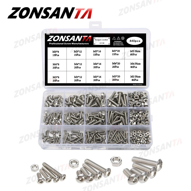 ZONSANTA 440Pcs M3 M4 M5 Bolt and Nuts Hex Hexagon Socket Screw Set Stainless Steel Round Flat Cap Head Screw Kit Allen bolt Set - KiwisLove
