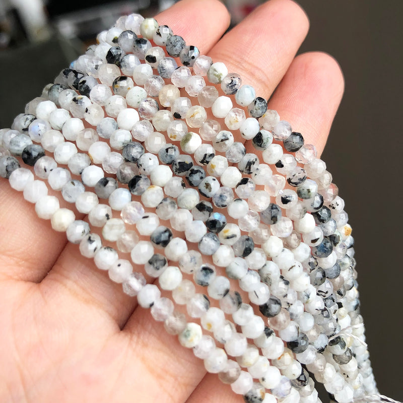 4x3mm Natural Stone Faceted Black Dot Blue Moonstone Loose Rondelle Small Waist Beads for Jewelry Making DIY Women&