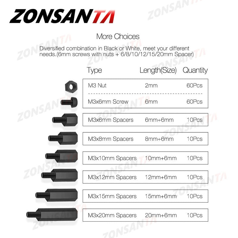 ZONSANTA 180Pcs M3  Black White Male Hex Nylon Spacer Column PCB Standoff Fixed Round Head Nylon Plastic Spacing Screws Nuts - KiwisLove