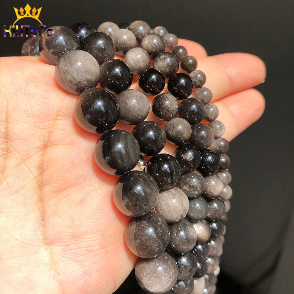 Natural Stone Silver Color Obsidian Round Loose Spacer Beads For DIY Jewelry Making Bracelets Accessories 15Inches 6 8 10 12mm - KiwisLove