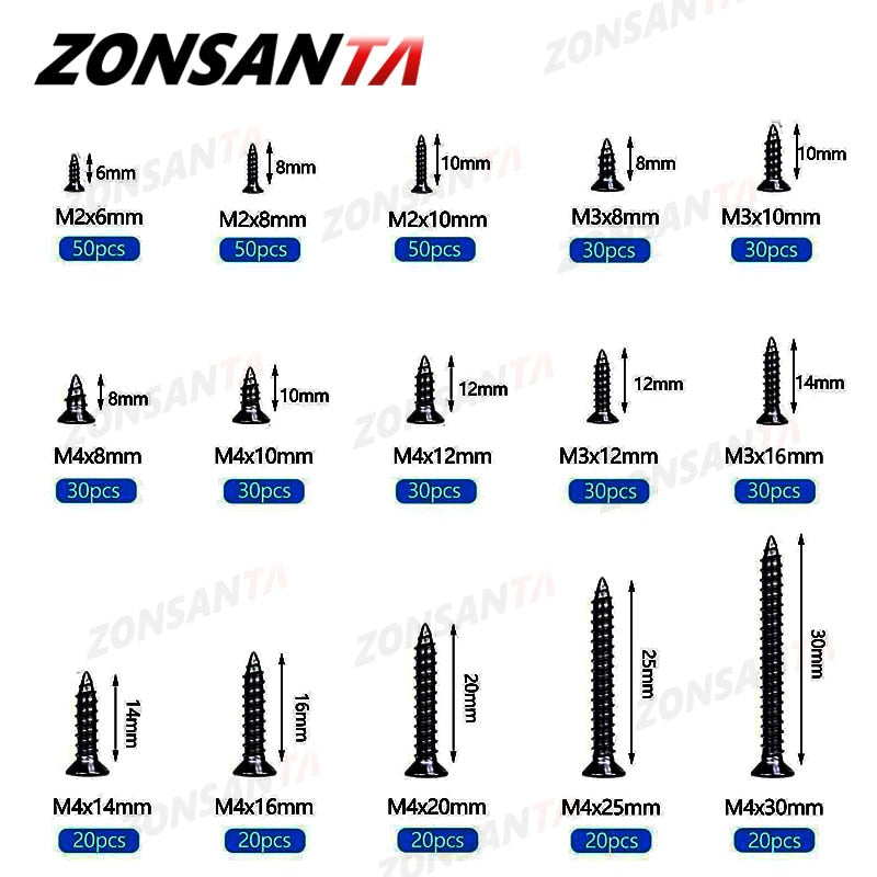ZONSANTA 460pcs Black Countersunk Flat Head Self Tapping Screws Set M2 M3 M4 Carbon Steel Cross Wood Screw Assortment Kit - KiwisLove