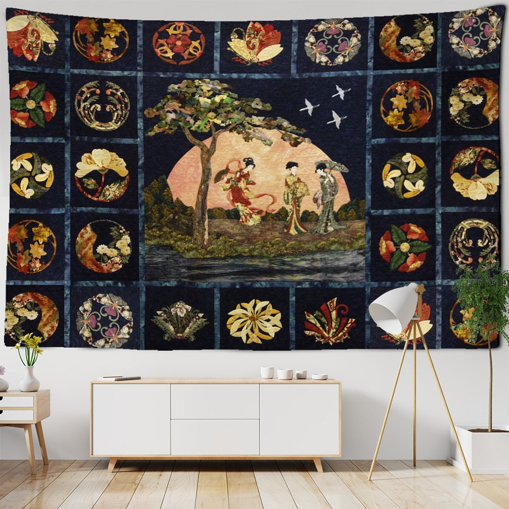 Plant Cactus Tapestry Wall Hanging Psychedelic Witchcraft Moon Starry Sky Mushroom Illustration Hippie Boho Style Home Decor - KiwisLove