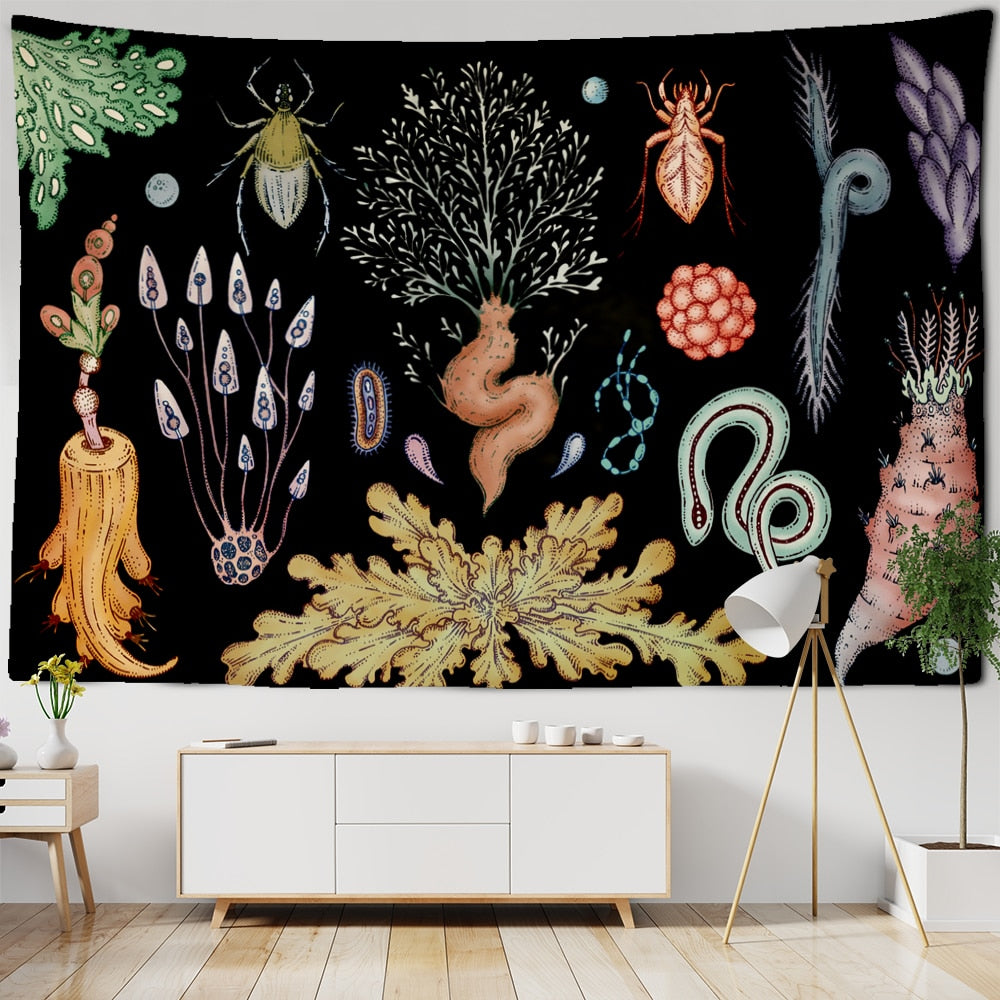 Plant Cactus Tapestry Wall Hanging Psychedelic Witchcraft Moon Starry Sky Mushroom Illustration Hippie Boho Style Home Decor - KiwisLove