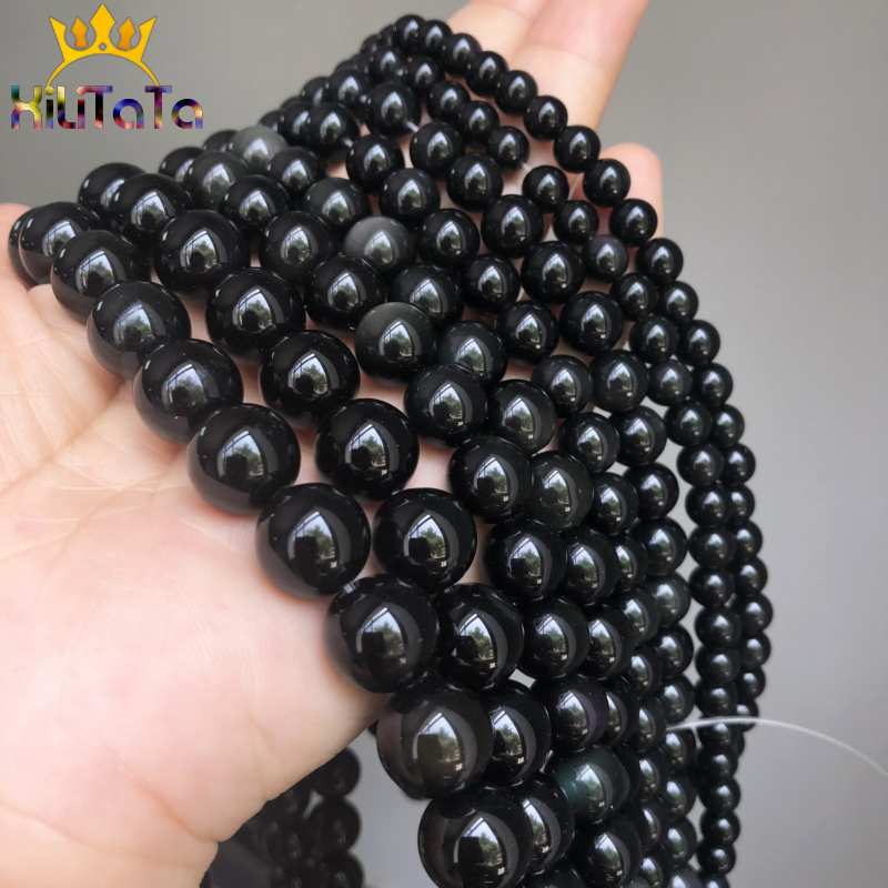 Natural Stone Beads Smooth Black Obsidian Round Loose Beads For Jewelry Making DIY Bracelet Charms Accessories 15&quot; 4/6/8/10/12mm - KiwisLove