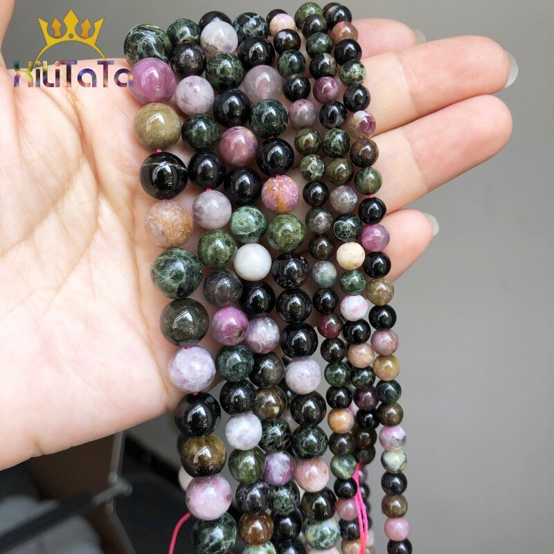 Natural Colorful Tourmaline Loose Stone Beads Round Beads For Jewelry DIY Making Bracelet Ear Studs Accessories 15&quot; 4/6/8/10mm - KiwisLove