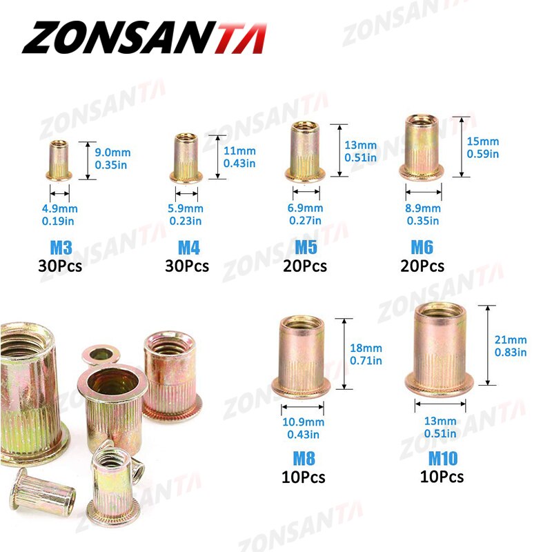ZONSANTA120pcs set Mixed 304 stainless steel Rivet Nut M3 M4 M5 M6 M8 M10 Nut Carbon Steel Flat Head Threaded Insert Nut Kit - KiwisLove