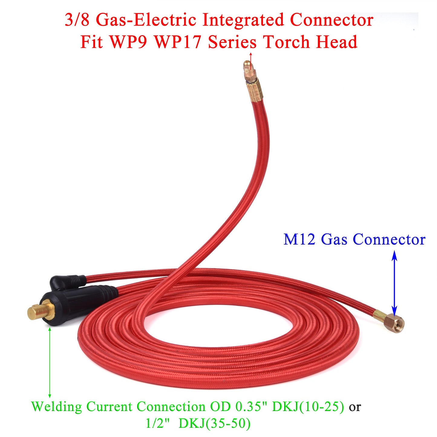 3.8/7.6m WP9 WP17 TIG Welding Torch Gas-Electric Integrated Red Soft Hose Cable Wires M12 DKJ 10-25 35-50 Euro Connector - KiwisLove
