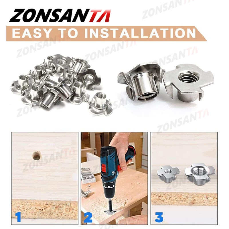 ZONNSANTA 30Pcs 4-Pronged Tee Nut M4 M5 M6 M8 M10 Four Claws Nut Speaker Nut T-nut Blind Pronged Insert Tee Nut Wood Furniture - KiwisLove