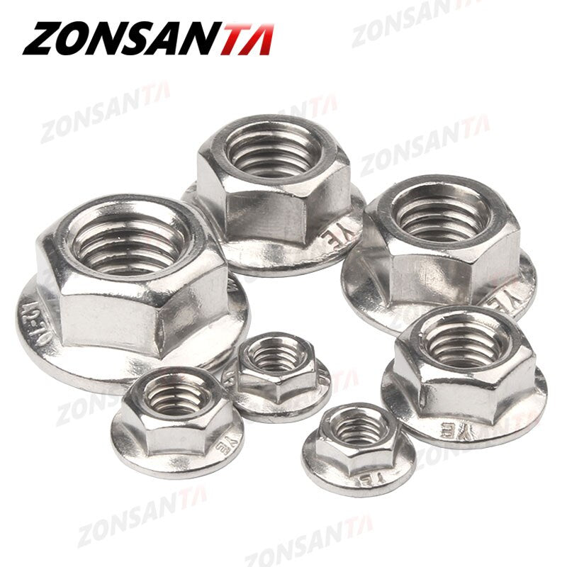 ZONSANTA Hexagon Flange Nut 304 Stainless Steel Hexagon M3 M4 M5 M6 M8 M10 M12 M16 M20 DIN6923 Pinking Slip Locking Lock Nuts - KiwisLove