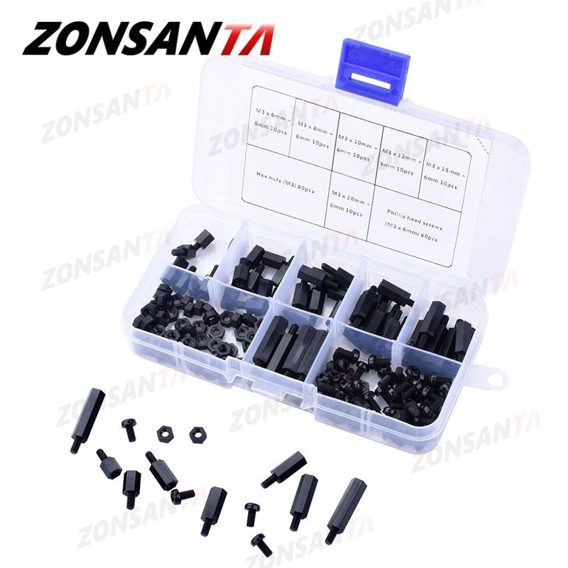 ZONSANTA 180Pcs M3  Black White Male Hex Nylon Spacer Column PCB Standoff Fixed Round Head Nylon Plastic Spacing Screws Nuts - KiwisLove