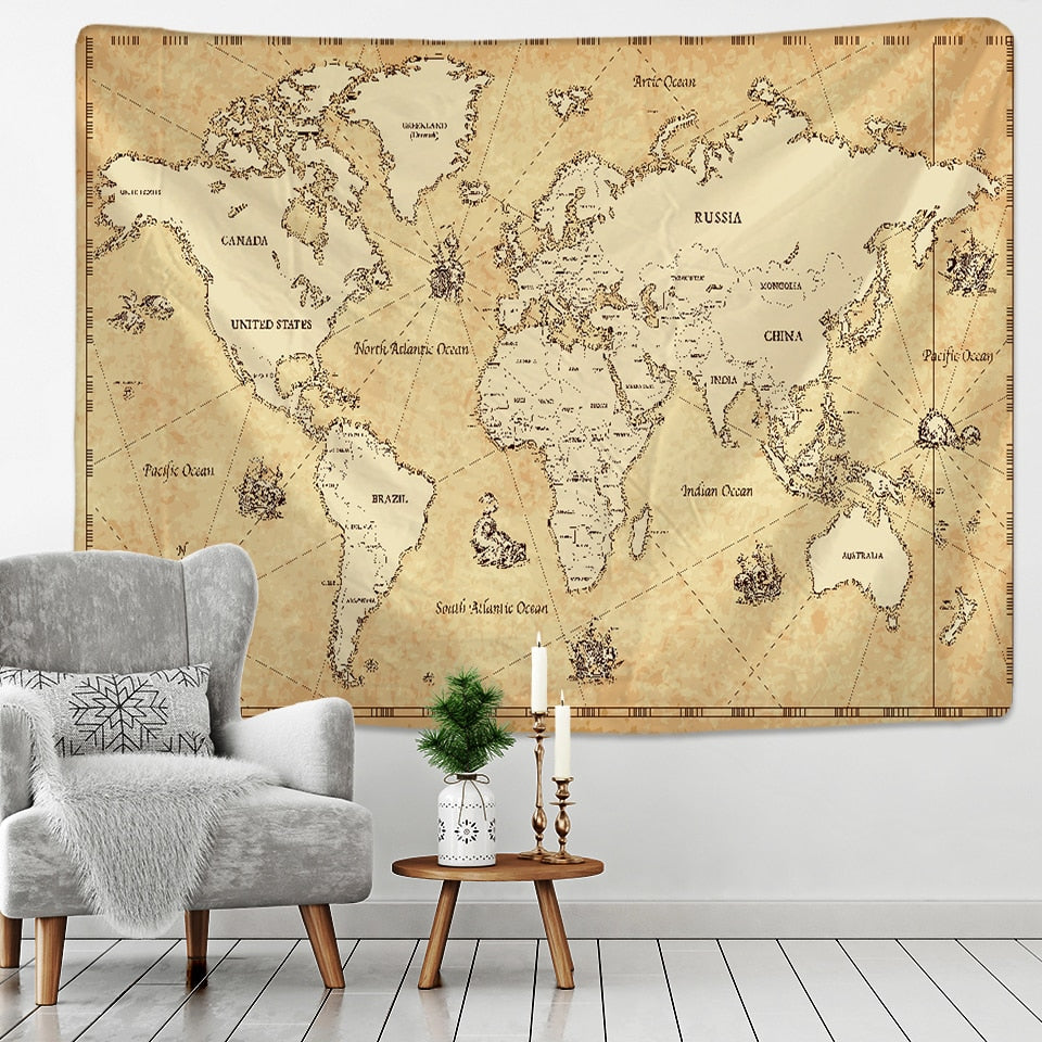 Retro World Map Wall Hanging Tapestry Sleeping Pad Wall Tapestry Art Round Towel Beach Blanket Decor - KiwisLove
