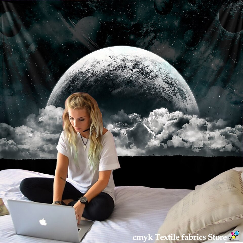 Black and White Moon Tapestry Starry Sky Printing Tapestry Wall Beach Blanket Picnic Yoga Mat Living Room Decor - KiwisLove