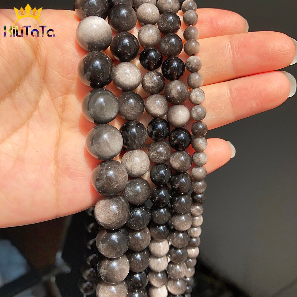 Natural Stone Silver Color Obsidian Round Loose Spacer Beads For DIY Jewelry Making Bracelets Accessories 15Inches 6 8 10 12mm - KiwisLove
