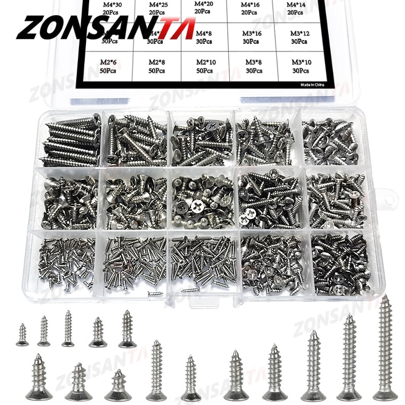 ZONSANTA M2 M3 M4 Self Tapping Screw Cross Countersunk Head Wood Screw Set 304 stainless steel Phillips Flat Head Screws DIY - KiwisLove