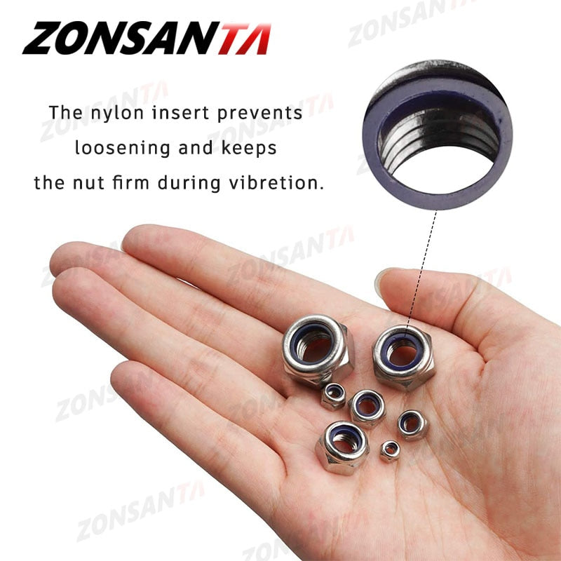 ZONSANTA 265Pcs Nylon Lock Nut M2 M2.5 M3 M4 M5 M6 M8 M10 M12 Hex Hexagon Self LockNut Set Stainless Steel Locking Nuts Kit - KiwisLove