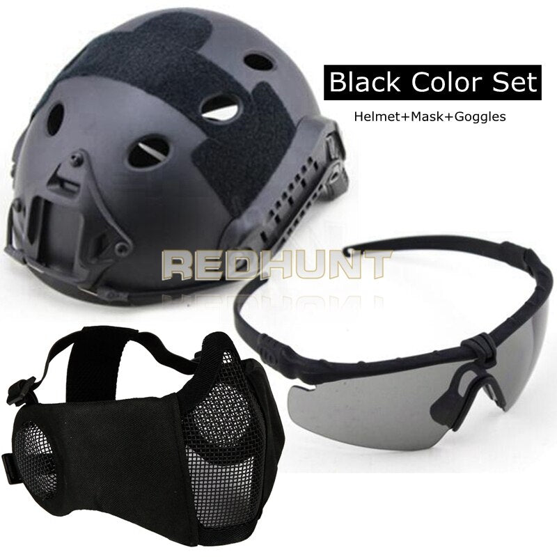 Tactical PJ Fast Helmet Hunting Paintball Half Face Mask Army War Game Motorcycle Helmet with UV Protection Glasses - KiwisLove