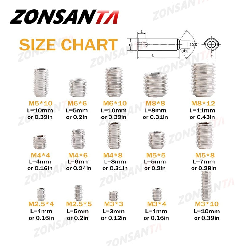 ZONSANTA 240 Pcs Grub Screw M3 M4 M5 M6 Set Screw Hex Socket Bolt Kits in Box A2 304 Stainless Steel Door handles Faucet Bolts - KiwisLove