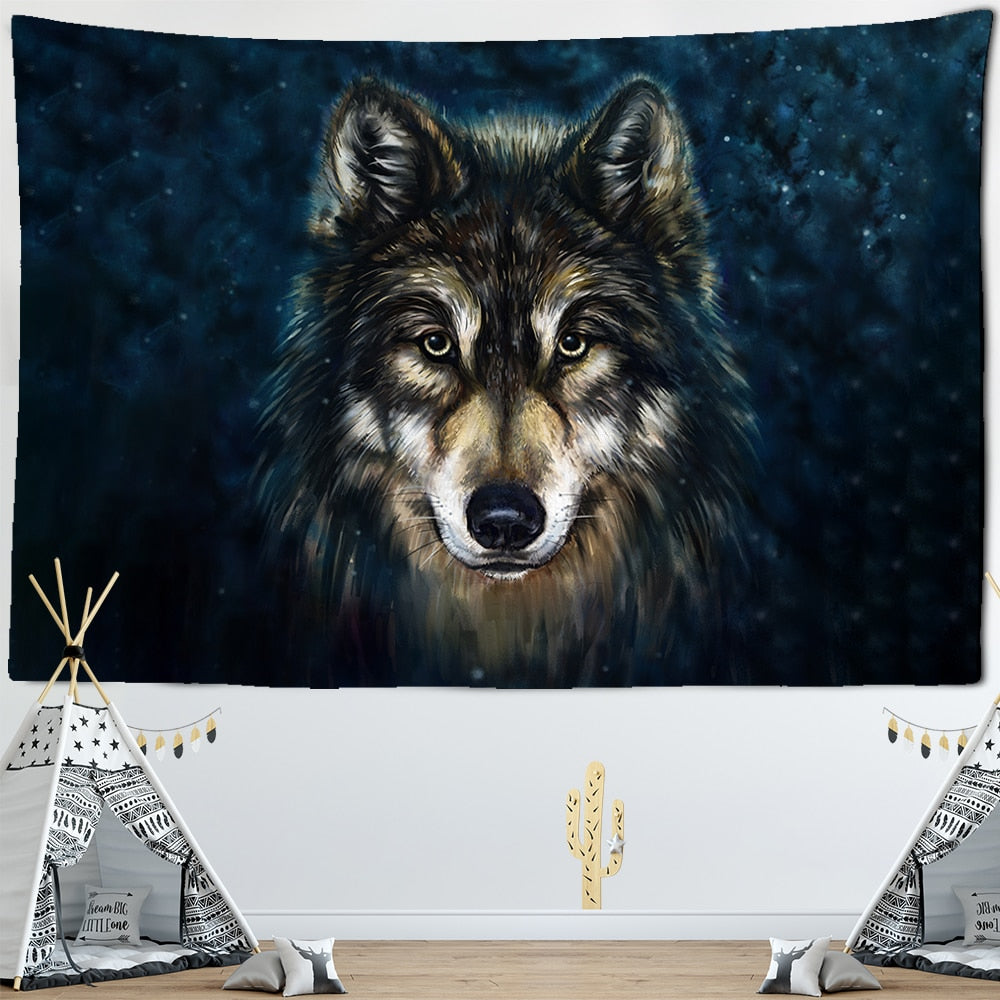 Wolf&#39;s Gaze Holy Animals Tapestry Tribal Animal Decoration Wall Hanging Wall Tapestry Home Decor Textile - KiwisLove