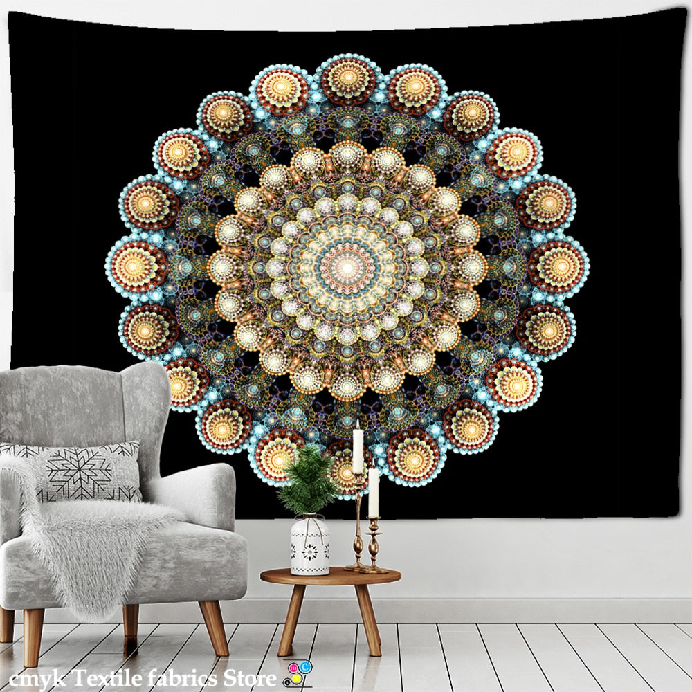 Mandala Pattern Tapestry Psychedelic Tai Chi Wall Hanging Dark Hippie Aesthetics Room Dormitory Living Home Decor - KiwisLove