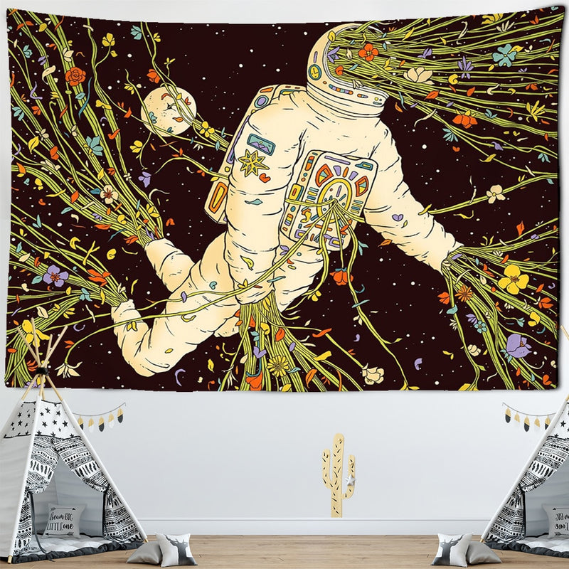Nordic Style Skull Astronaut Tapestry Flowers Rainbow Moon Starry Sky Mandala Carpet Black Skull Witchcraft Wall Hanging Blanket - KiwisLove