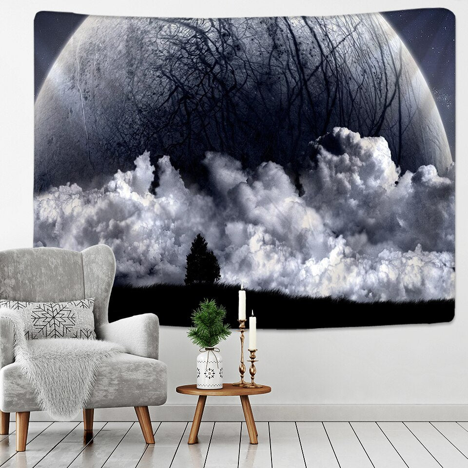 Black and White Moon Tapestry Starry Sky Printing Tapestry Wall Beach Blanket Picnic Yoga Mat Living Room Decor - KiwisLove