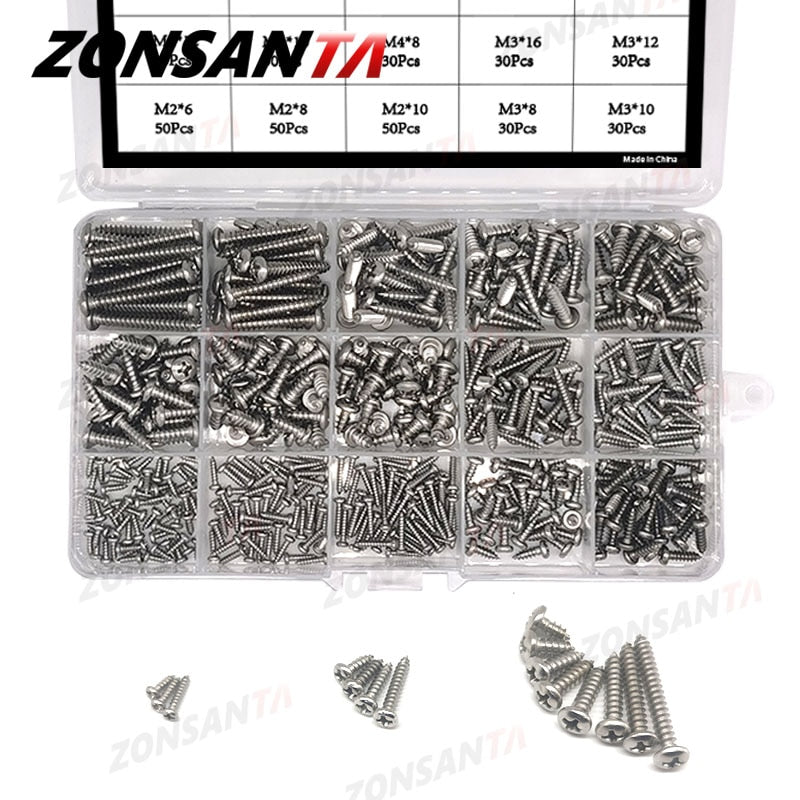 ZONSANTA 460Pcs M2 M3 M4 Phillips Round Head Self tapping Screw Set Stainless steel Pan Head Wood Screws Assortment Kit - KiwisLove