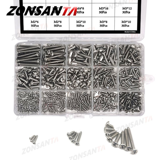 ZONSANTA 460Pcs M2 M3 M4 Phillips Round Head Self tapping Screw Set Stainless steel Pan Head Wood Screws Assortment Kit - KiwisLove