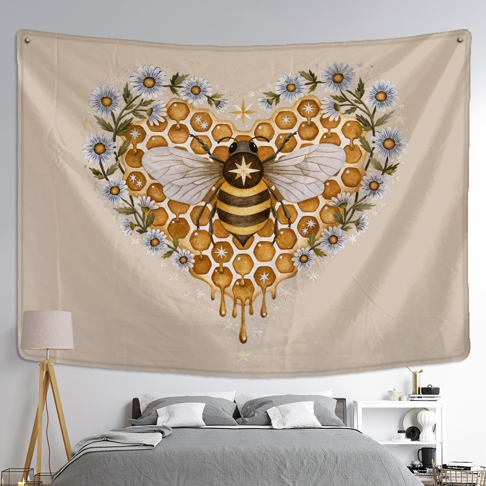 Bee Floral Tapestry Wall Hanging Daisy Bohemian Hippie Witchcraft Plant Bedroom Ins Style Dormitory Home Decor - KiwisLove