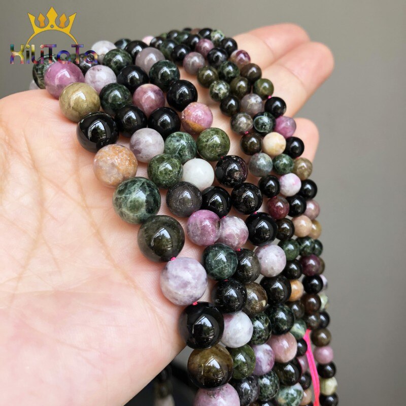Natural Colorful Tourmaline Loose Stone Beads Round Beads For Jewelry DIY Making Bracelet Ear Studs Accessories 15&quot; 4/6/8/10mm - KiwisLove