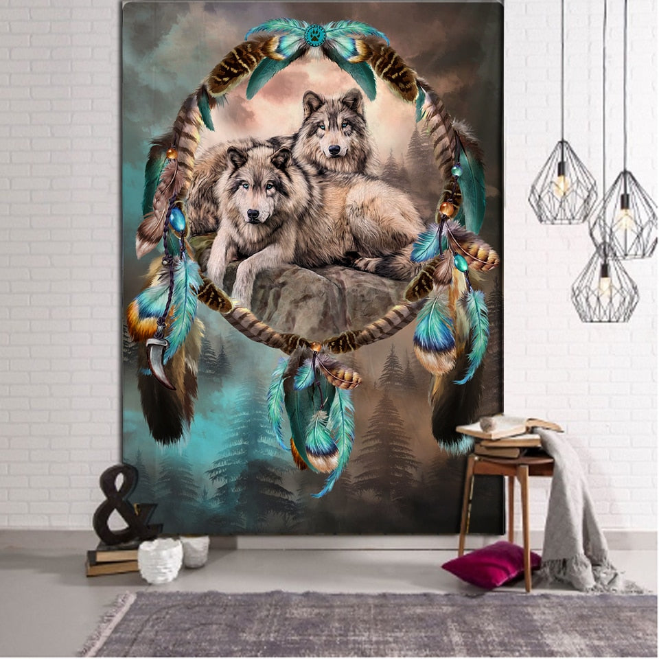 Running wolves Holy Animals Tapestry Decoration Wall Hanging Lion Wolf Tiger Pattern Background Wall Tapestry Home Textile - KiwisLove
