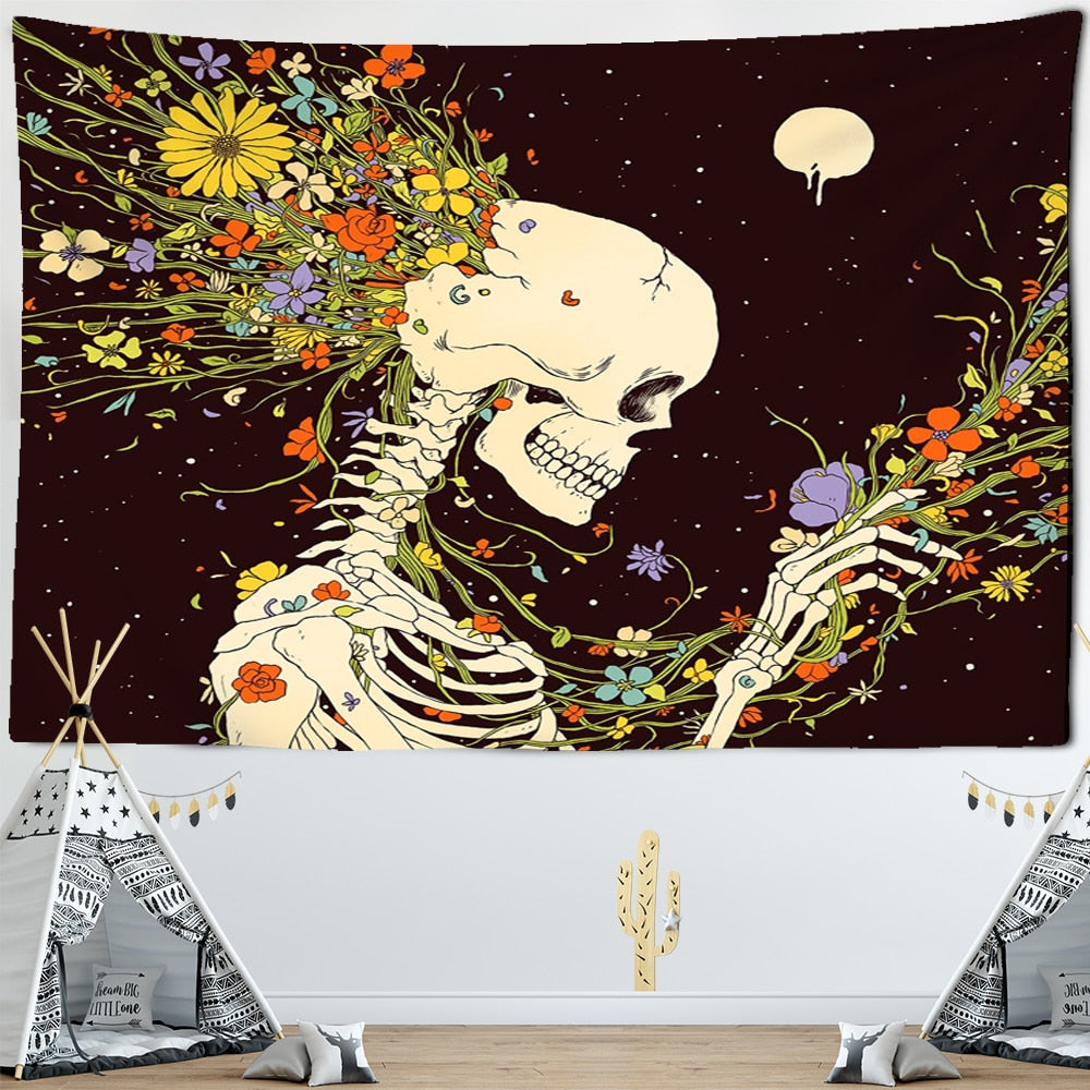 Nordic Style Skull Astronaut Tapestry Flowers Rainbow Moon Starry Sky Mandala Carpet Black Skull Witchcraft Wall Hanging Blanket - KiwisLove
