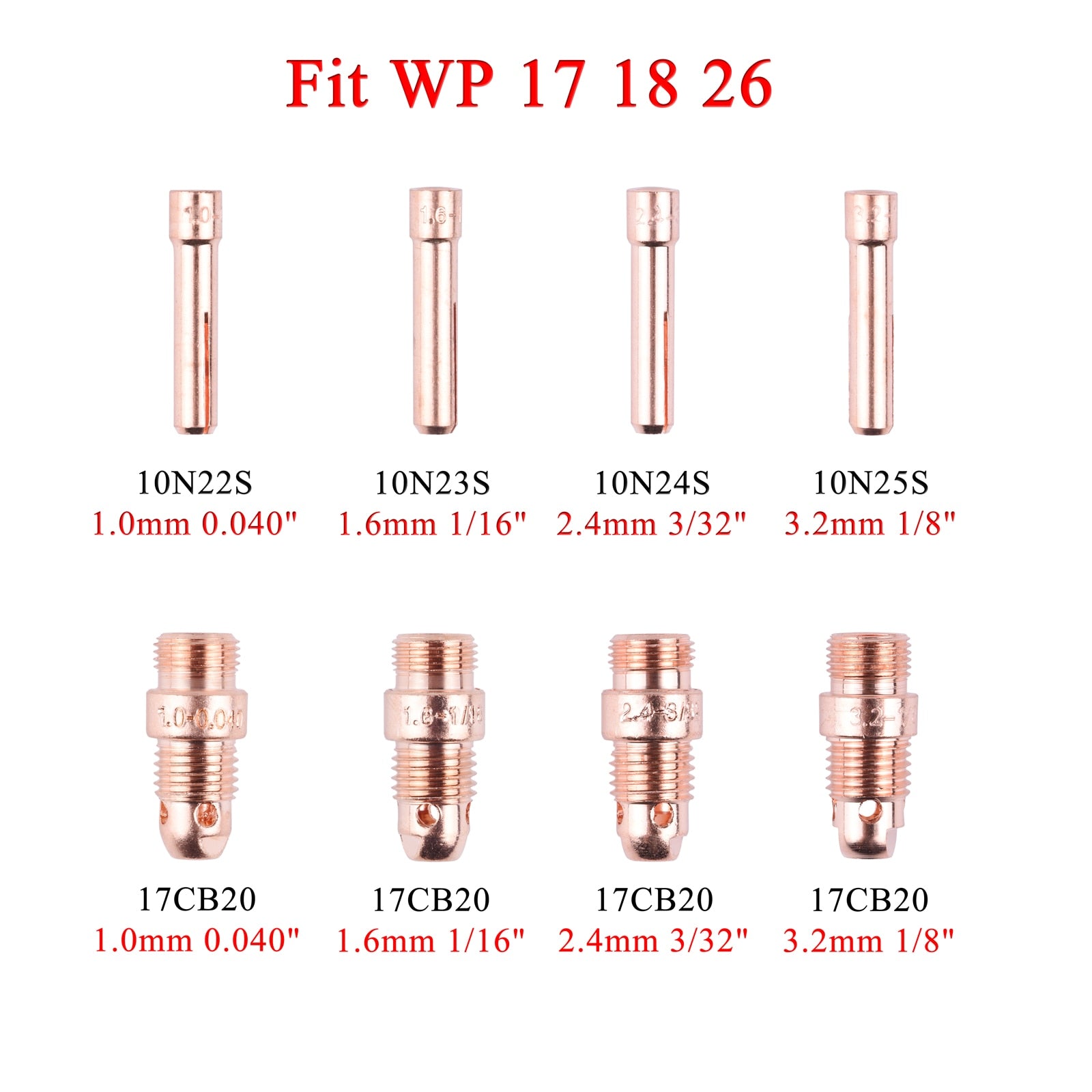 1.0/1.6/2.4/3.2mm TIG Collet And Collet Body 10N22S 10N23S 10N24S 10N25S 17CB20  TIG WP17 18 26 Torch - KiwisLove
