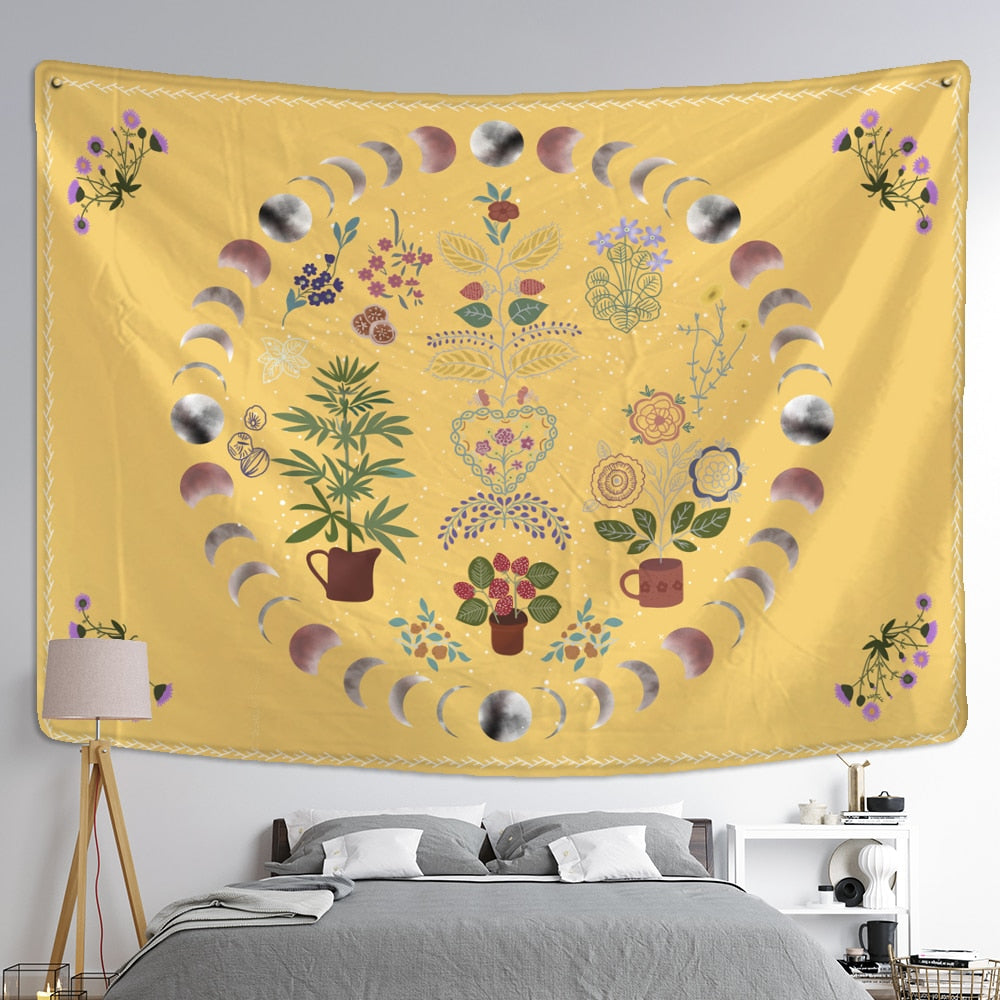 Moon Phase Tapestry Wall Hanging Plants Celestial Flowers Starry Sky Bohemian Witchcraft Hippie Home Decor - KiwisLove