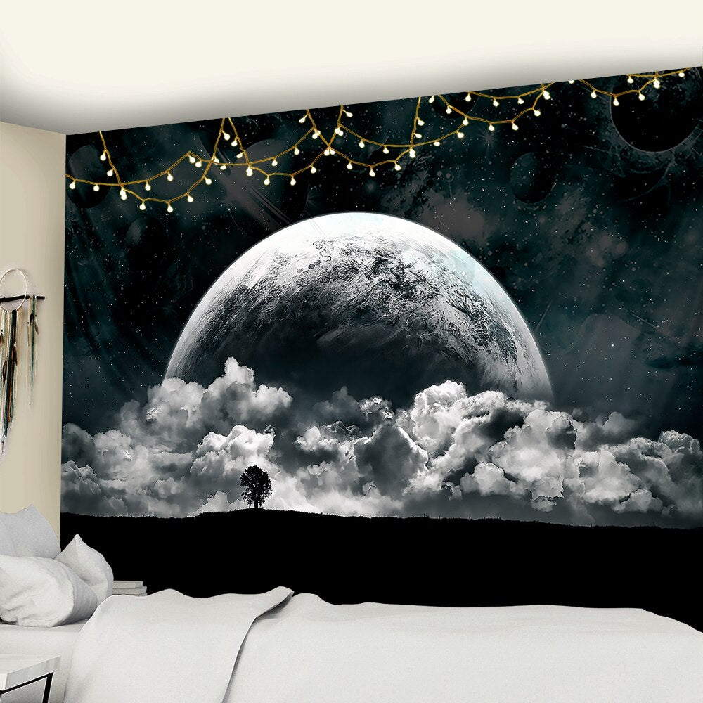 Black and White Moon Tapestry Starry Sky Printing Tapestry Wall Beach Blanket Picnic Yoga Mat Living Room Decor - KiwisLove