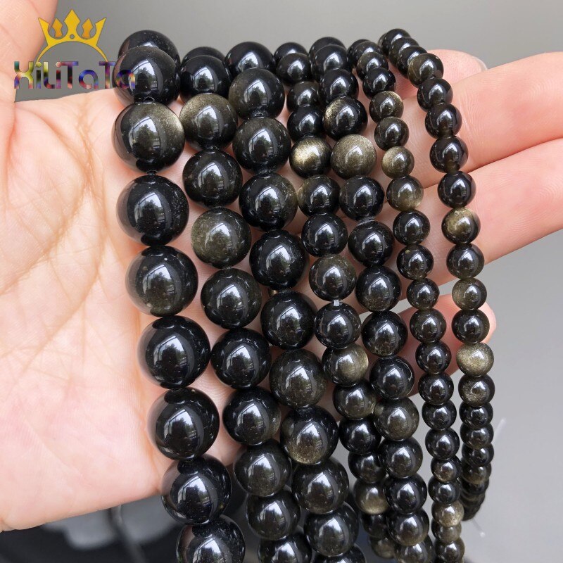 Natural Stone Beads Gold Obsidian Round Loose Beads For Jewelry Making DIY Bracelet Ear Studs Accessories 7.5&#39;&#39; 6/8/10/12mm - KiwisLove