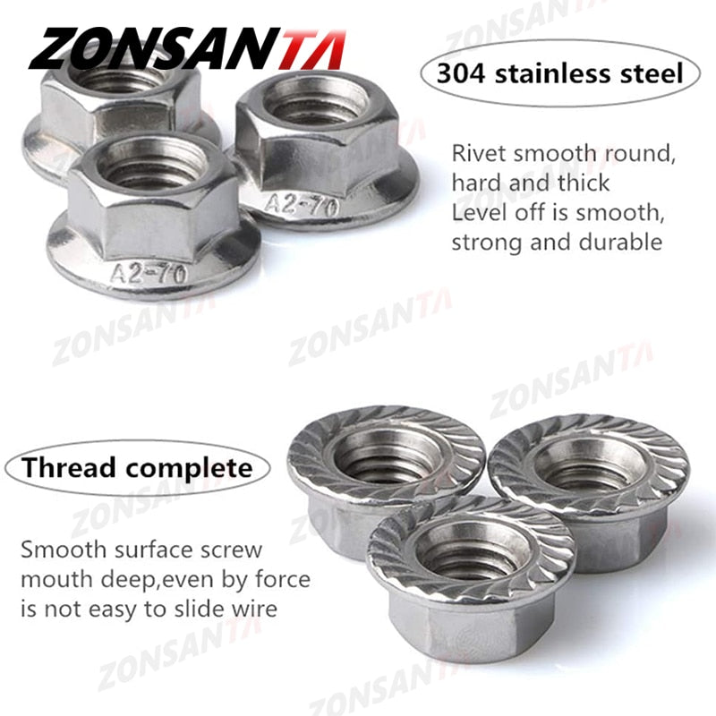 ZONSANTA160pcs Hexagon Flange Nuts M3 M4 M5 M6 M8 M10 M12 304 Stainless Steel Universal Locknuts Set Assortment Kit DIN6923 - KiwisLove