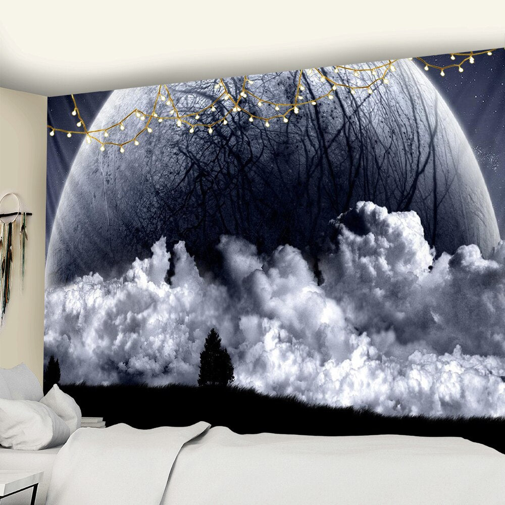 Black and White Moon Tapestry Starry Sky Printing Tapestry Wall Beach Blanket Picnic Yoga Mat Living Room Decor - KiwisLove