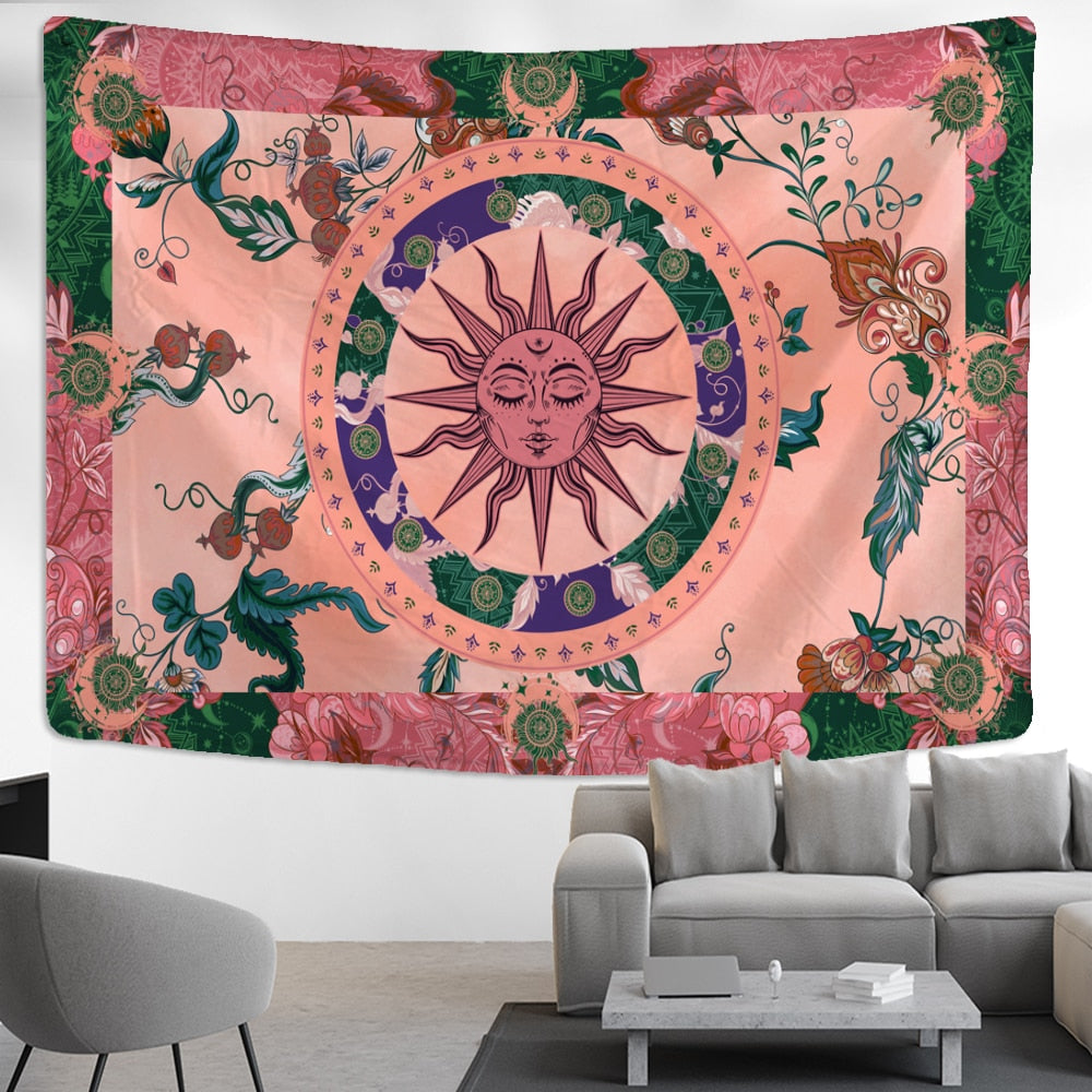 Burning Sun Tapestry Wall Hanging Flower Vine Retro Mysterious Hippie Bohemian Witchcraft Home Decor - KiwisLove