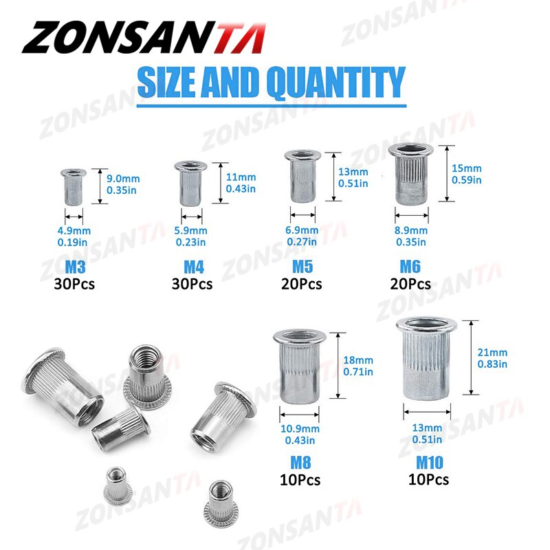 ZONSANTA120pcs set Mixed 304 stainless steel Rivet Nut M3 M4 M5 M6 M8 M10 Nut Carbon Steel Flat Head Threaded Insert Nut Kit - KiwisLove