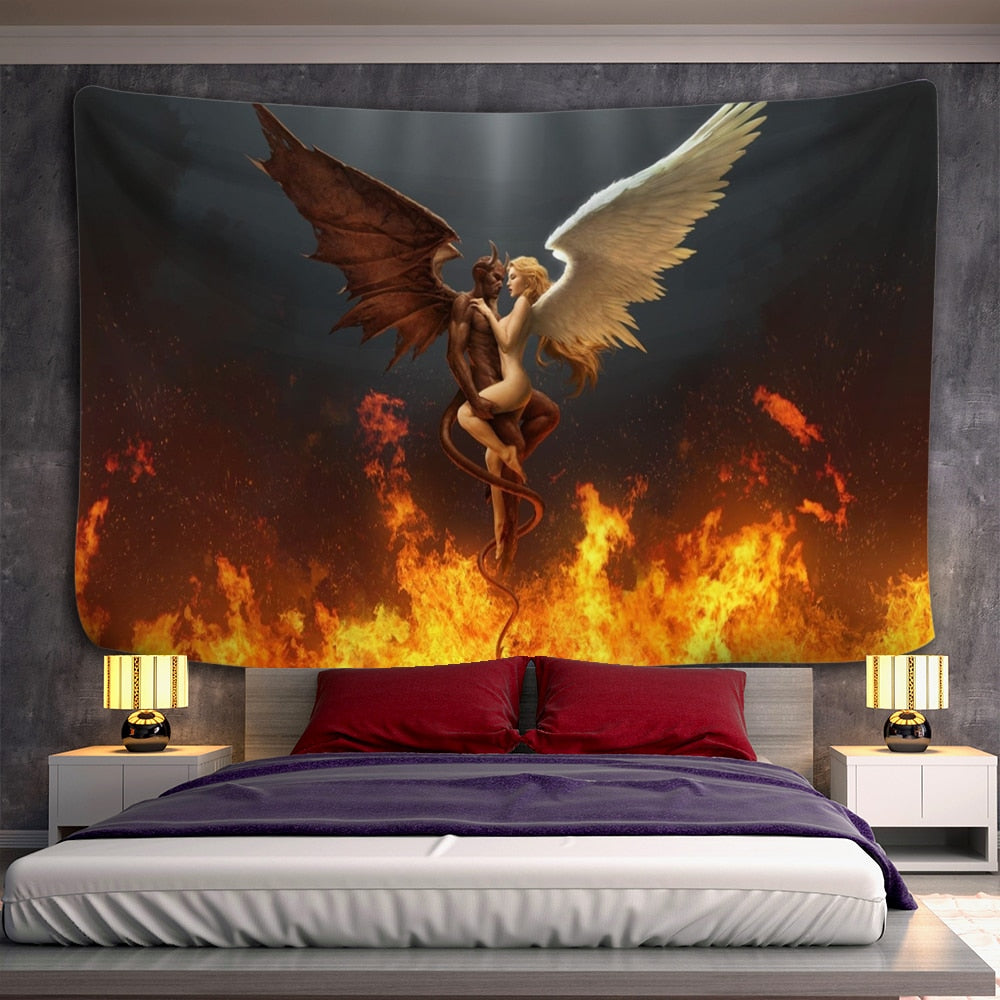 Angel Devil Tapestry Hell Wall Hanging Witchcraft Wall Tapestry Hippie Wall Carpets Dorm Decor Psychedelic Halloween Tapestry - KiwisLove